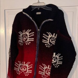 Rare VTG Wool Knit Cardigan Sweater Black & Red Large Chunky Aztec Tribal Sun